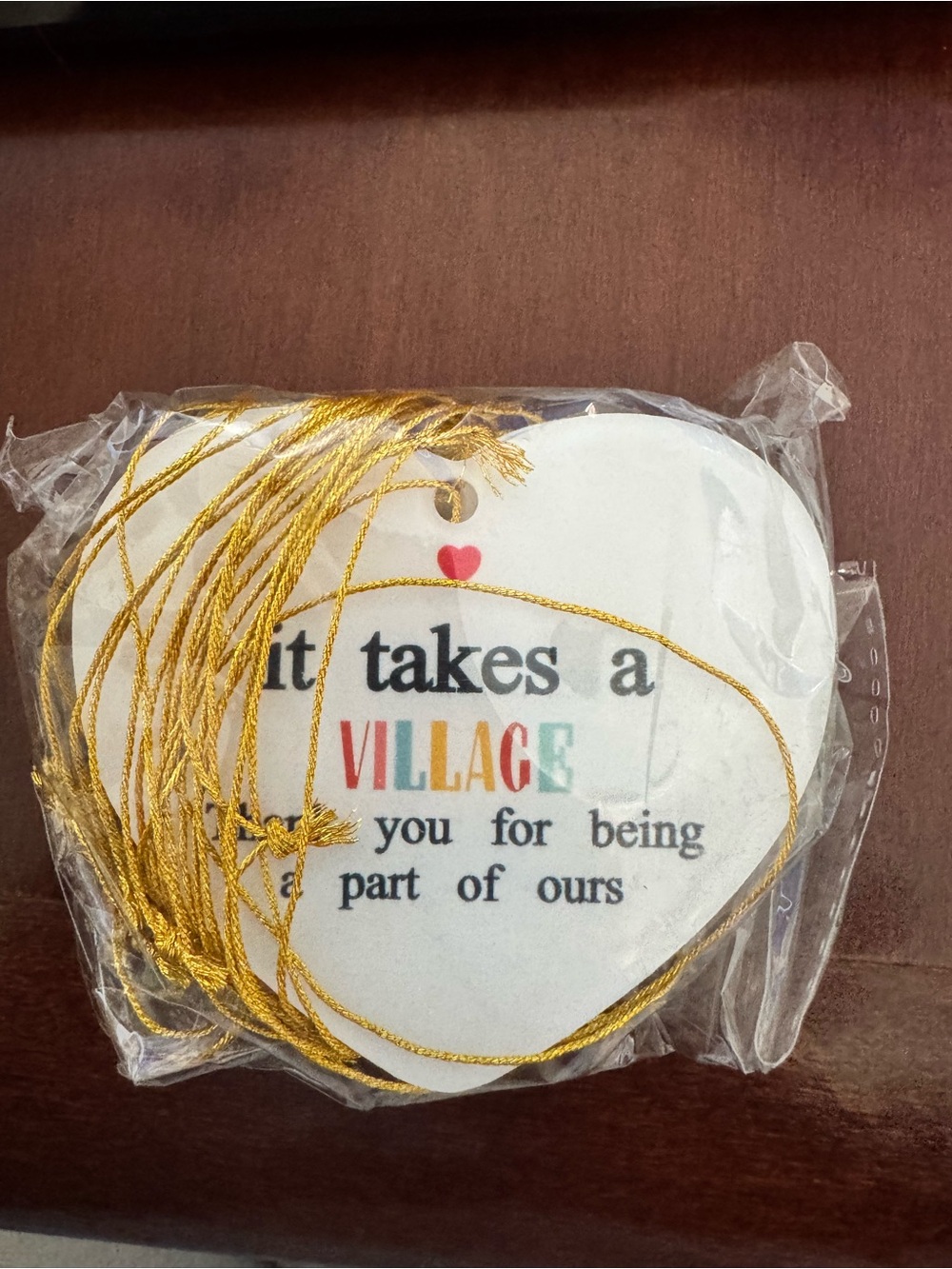 Set of 12 Heart-Shaped ″It Takes a Village″ Hanging Ornamen - Gold String, White
